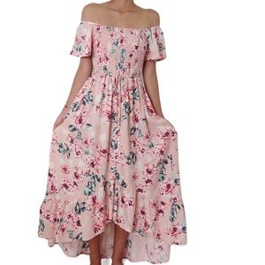 Band of Gypsies pink maxi floral dress of the shoulder high low hem button front